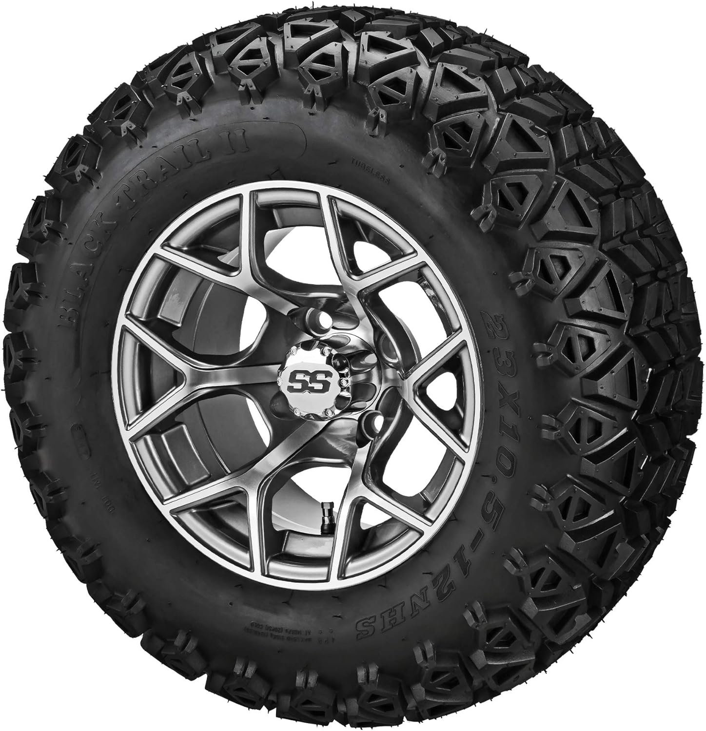 RM Cart - 12 Ninja Gun Metal Gray/Machined on 23x10.50-12 Black Trail II Tires (Set of 4), Fits Yamaha carts, Golf Cart Tires and Wheels Combo, Can be Used on Lawn Mowers and ATVs