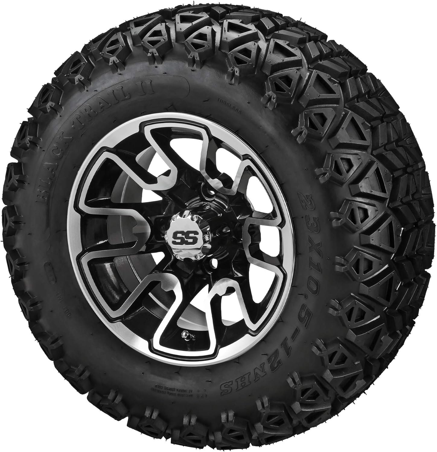 RM Cart - 12 Tombstone Black/Machined on 23x10.50-12 Black Trail II Tires (Set of 4), Fits Club Car  EZGo carts, Golf Cart Tires and Wheels Combo, Can be Used on Lawn Mowers and ATVs