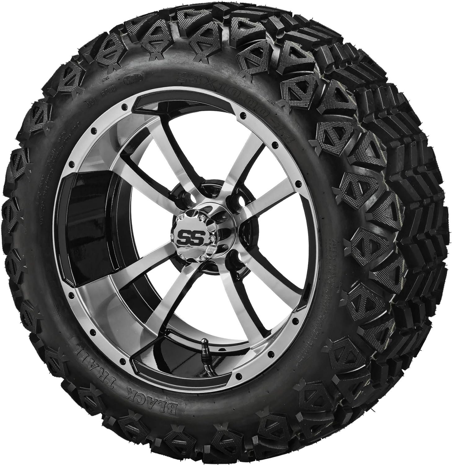 RM Cart - 14 Maltese Cross Black/Machined on 23x10-14 Black Trail Tires (Set of 4), Fits Yamaha Carts, Golf Cart Tires and Wheels Combo, Can be Used on Lawn Mowers and ATVs