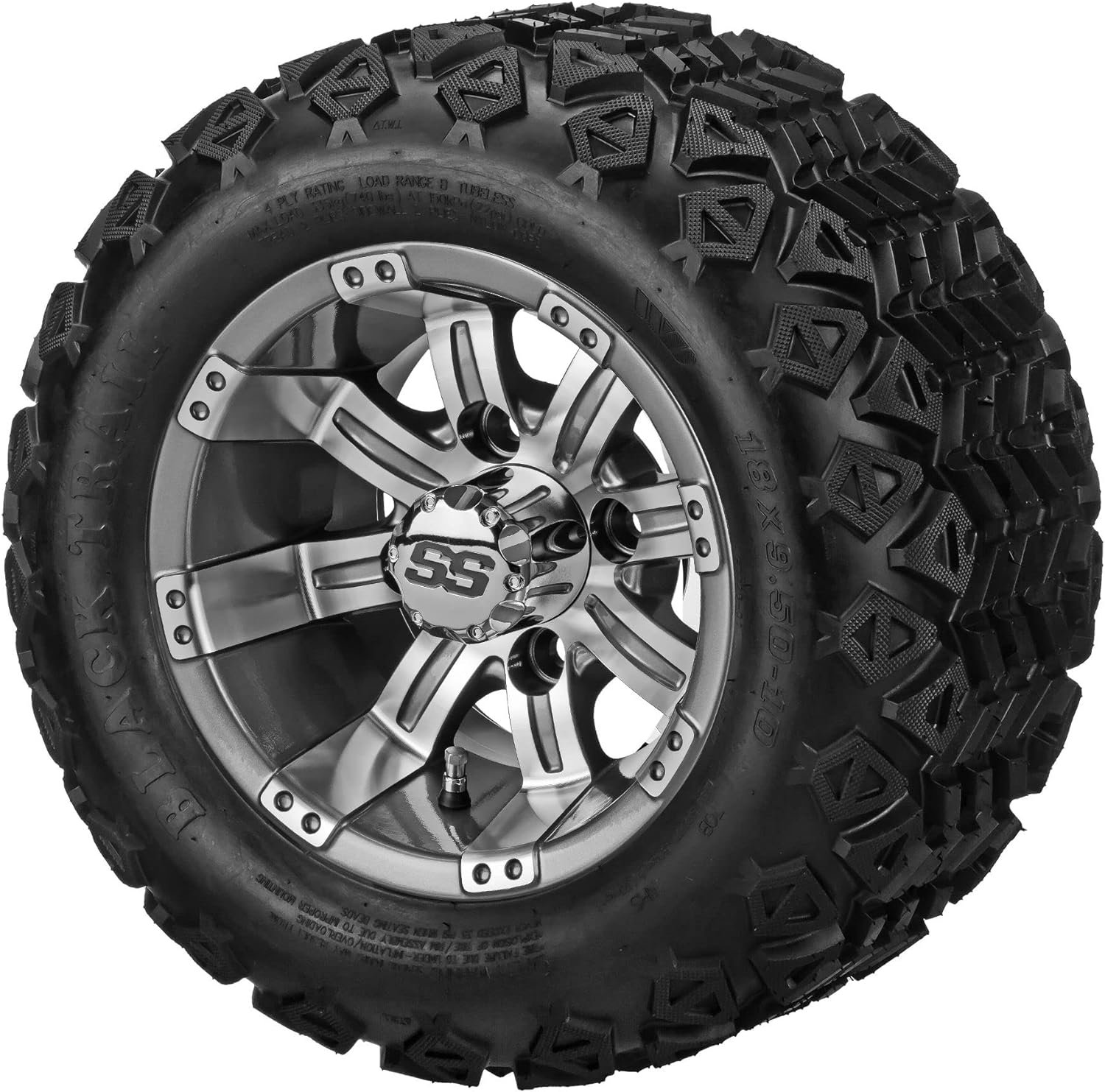 RM Cart - 10 Casino Gun Metal Gray/Machined on 18x9.5-10 Black Trail Tire (set of 4), Fits Yamaha carts, Golf Cart Tires and Wheels Combo, Can be Used on Lawn Mowers and ATVs
