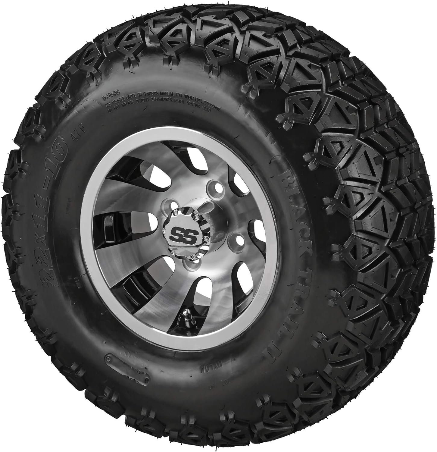 RM Cart - 10 Gunslinger Black/Machined on 22x11-10 Black Trail II Tires (Set of 4), Fits Club Car  EZ-Go carts, Golf Cart Tires and Wheels Combo, Can be Used on Lawn Mowers and ATVs