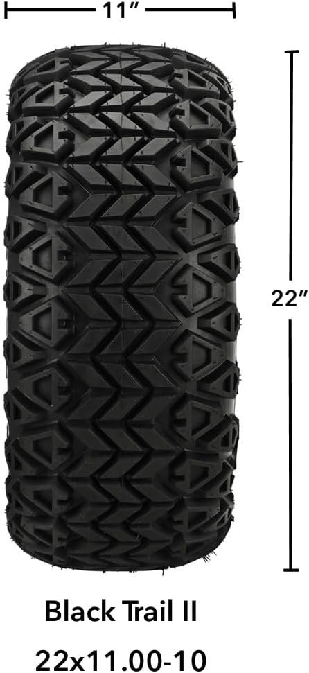 RM Cart - 10 Maltese Cross Black/Machined on 22x11-10 Black Trail II Tires (Set of 4), Fits Yamaha carts, Golf Cart Tires and Wheels Combo, Can be Used on Lawn Mowers and ATVs