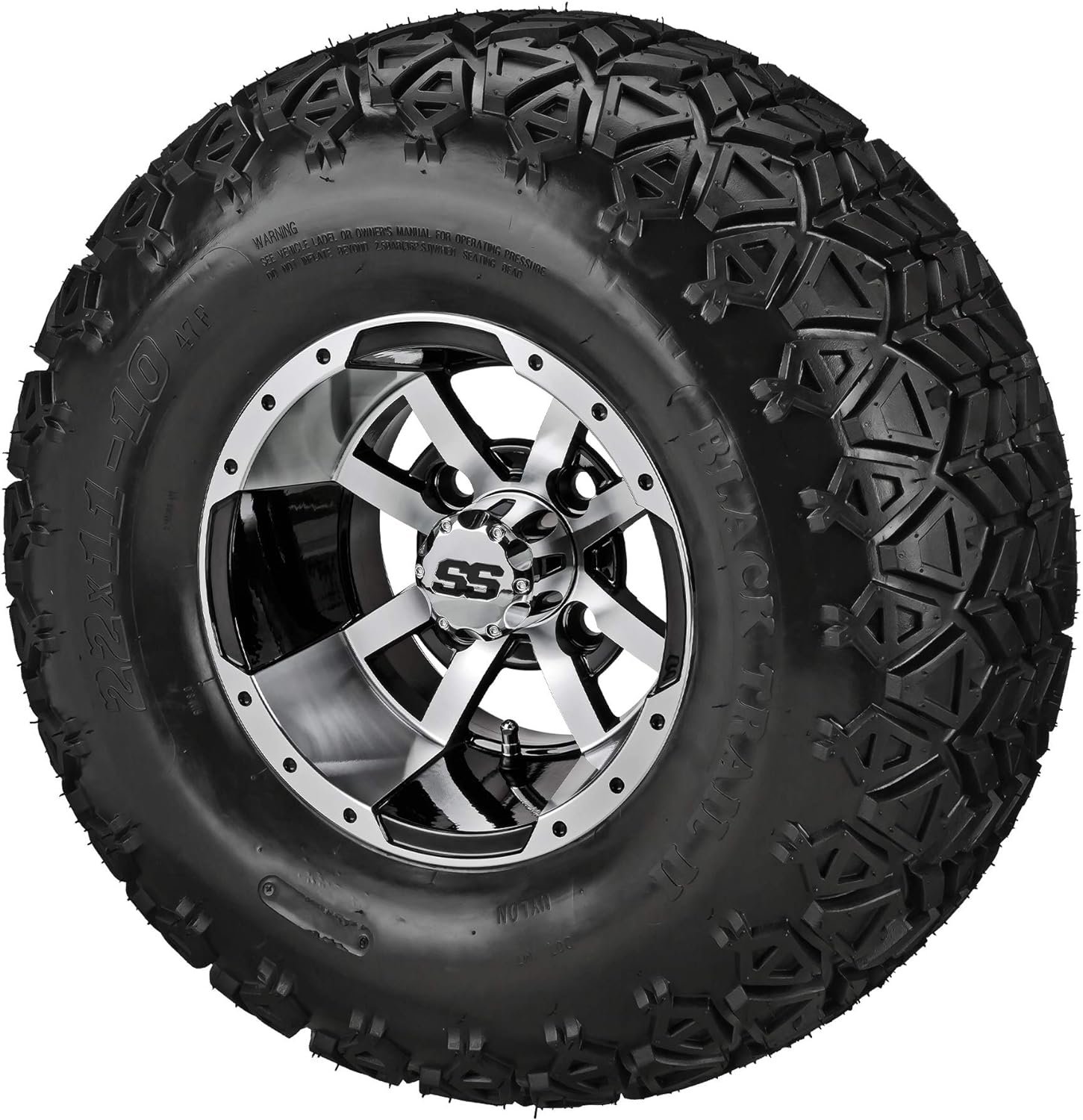 RM Cart - 10 Maltese Cross Black/Machined on 22x11-10 Black Trail II Tires (Set of 4), Fits Yamaha carts, Golf Cart Tires and Wheels Combo, Can be Used on Lawn Mowers and ATVs