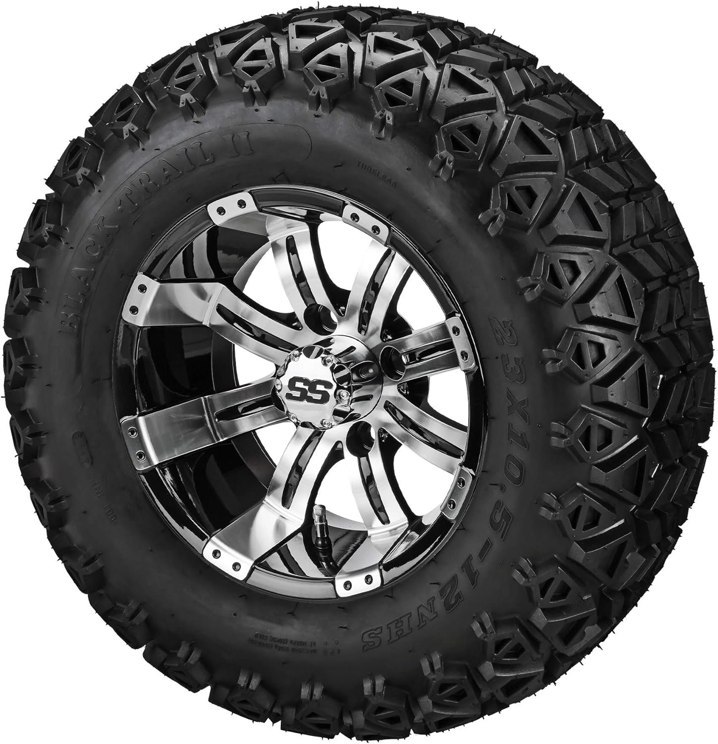 RM Cart - 12 Casino Black/Machined on 23x10.50-12 Black Trail II Tires (Set of 4), Fits Yamaha carts, Golf Cart Tires and Wheels Combo, Can be Used on Lawn Mowers and ATVs