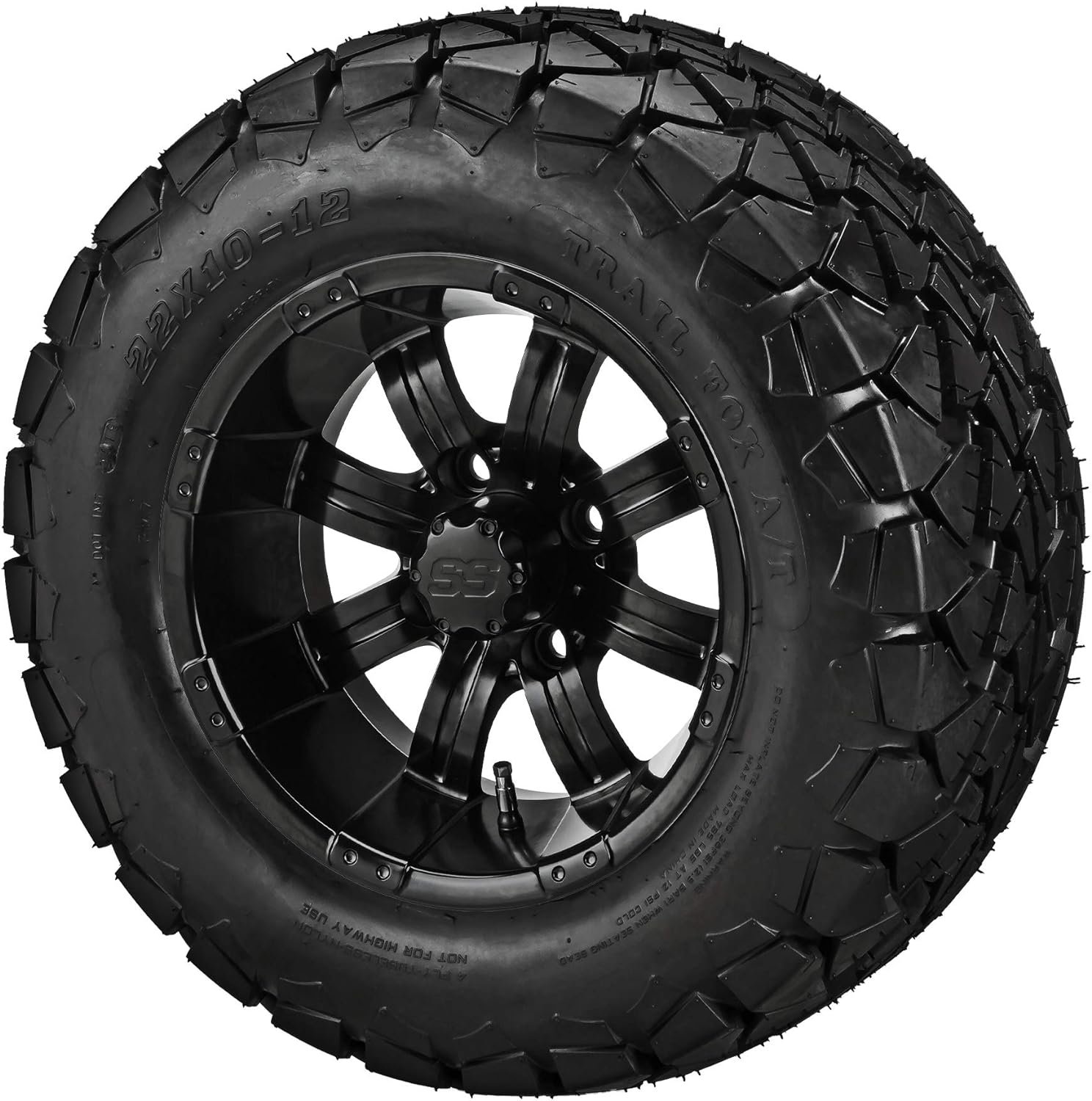 RM Cart - 12 Casino Matte Black on 22x10-12 Trail Fox A/T Tires (Set of 4), Fits Club Car  EZGo carts, Golf Cart Tires and Wheels Combo, Can be Used on Lawn Mowers and ATVs