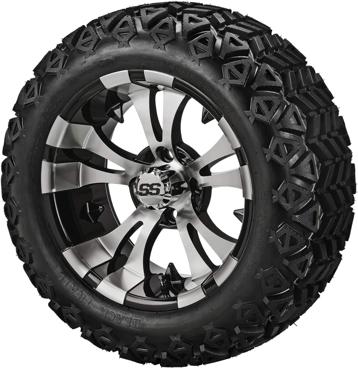 RM Cart - 14 Warlock Black/Machined on 23x10-14 Black Trail Tires (Set of 4), Fits Club Car  EZGo Carts, Golf Cart Tires and Wheels Combo, Can be Used on Lawn Mowers and ATVs