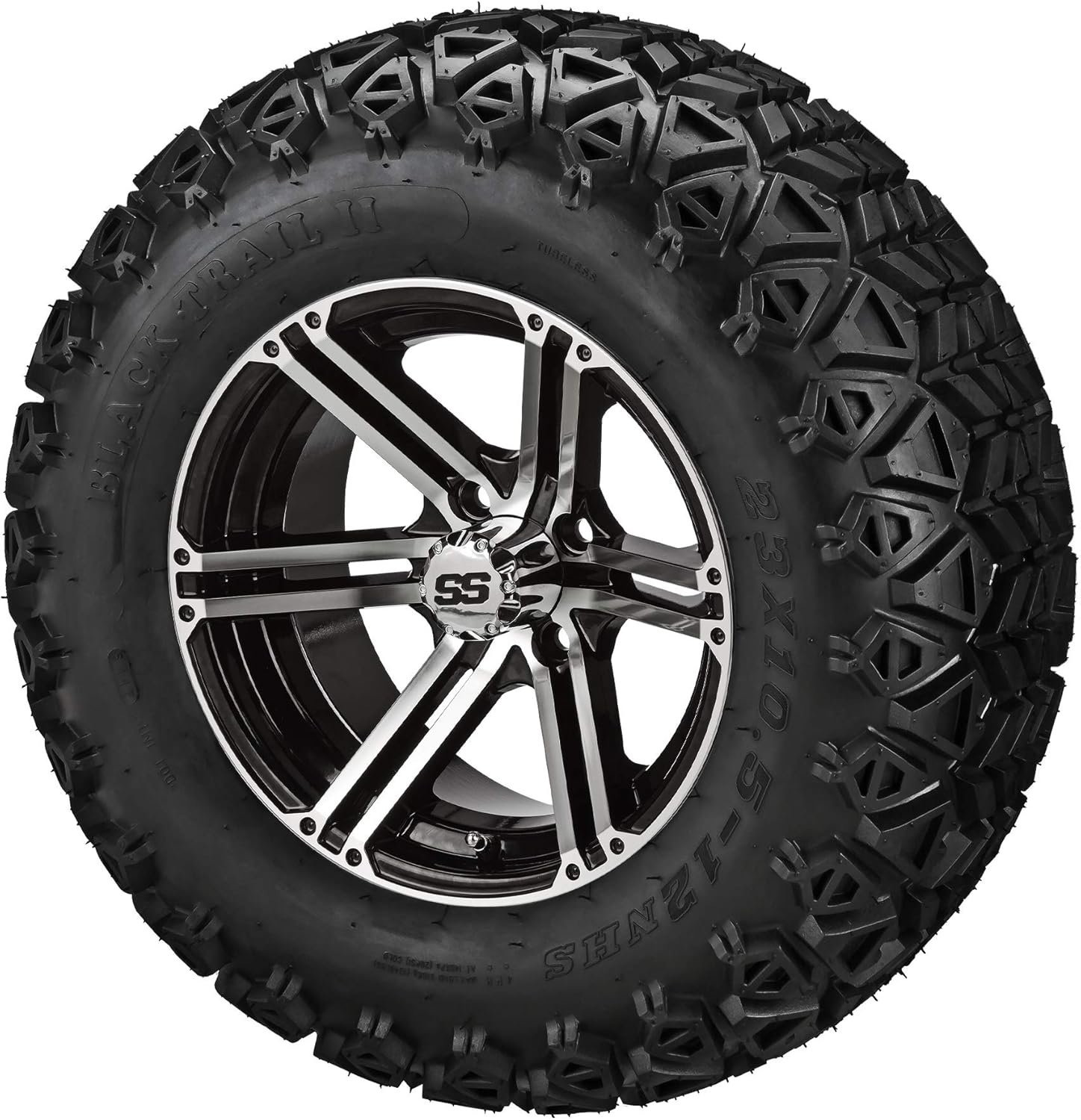 RM Cart - 12 Yukon Black/Machined on 23x10.50-12 Black Trail II Tires (Set of 4), Fits Yamaha carts, Golf Cart Tires and Wheels Combo, Can be Used on Lawn Mowers and ATVs