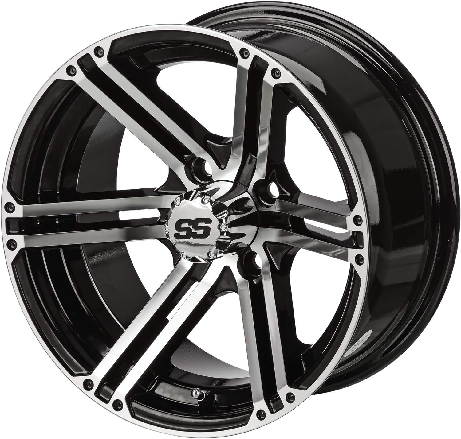 RM Cart - 12 Yukon Black/Machined on 23x10.50-12 Black Trail II Tires (Set of 4), Fits Yamaha carts, Golf Cart Tires and Wheels Combo, Can be Used on Lawn Mowers and ATVs