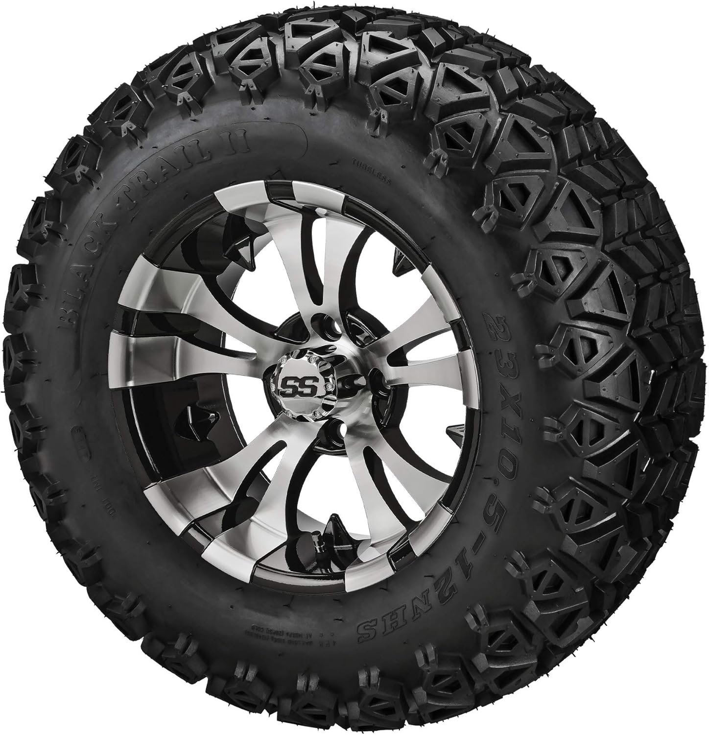 RM Cart - 12 Warlock Black/Machined on 23x10.50-12 Black Trail II Tires (Set of 4), Fits Club Car  EZGo carts, Golf Cart Tires and Wheels Combo, Can be Used on Lawn Mowers and ATVs