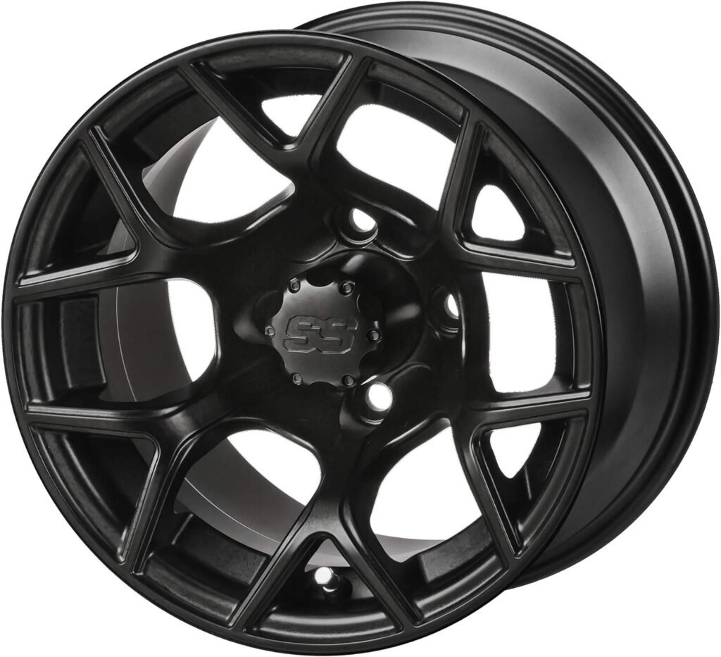RM Cart - 12 Ninja Matte Black on 22x10-12 Trail Fox A/T Tires (Set of 4), Fits Yamaha carts, Golf Cart Tires and Wheels Combo, Can be Used on Lawn Mowers and ATVs